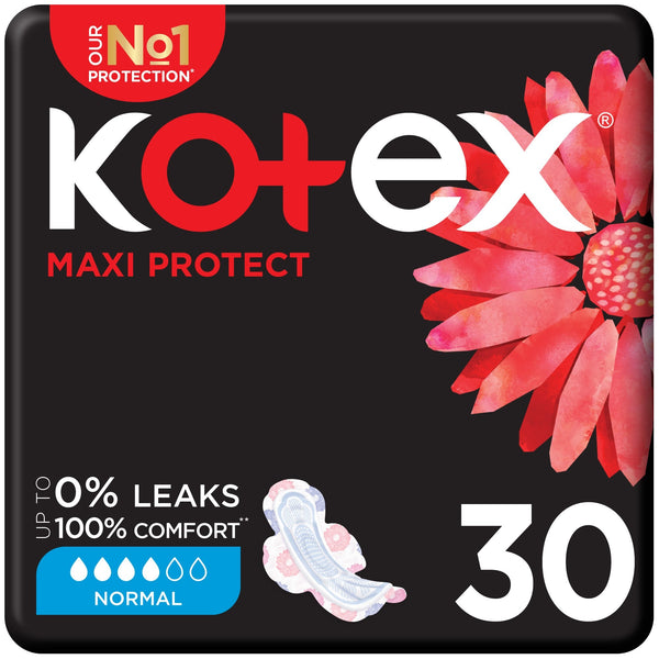 Kotex Maxi Protect Normal Sanitary Pads with Wings, Soft Top Cover, 30 Pieces