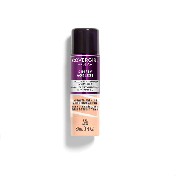 CoverGirl Simply Ageless 3-in-1 Foundation Cream Buildable Coverage Hyaluronic Acid Vitamin C 205 Ivory 30 ml
