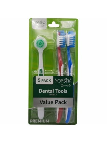 Norsina Dental Care Kit Value Pack Soft-Bristle Toothbrushes and Tongue Cleaner, 5 Pieces