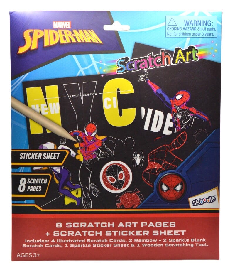 Marvel Spider-Man Scratch Scribble Art Kit, Illustrated, Rainbow and Sparkle Cards, Stickers and Wooden Tool