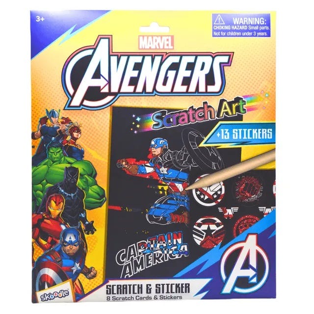Marvel Avengers Scratch Art Scribble Kit, Rainbow and Sparkle Cards, Stickers, Wooden Tool, 8 Pieces