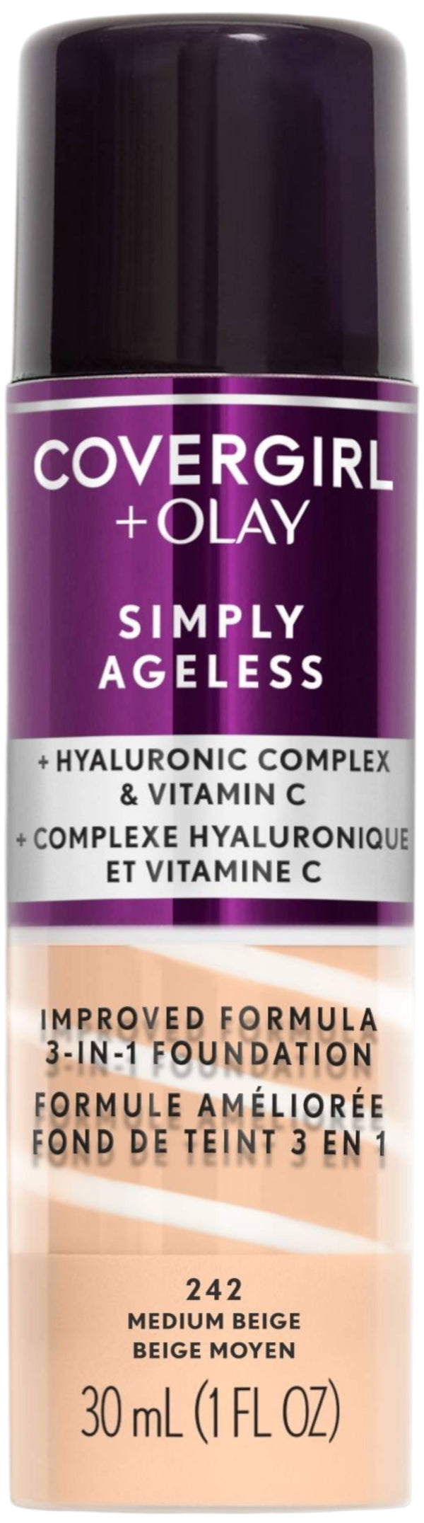CoverGirl Simply Ageless 3-in-1 Hydrating Foundation Hyaluronic Acid Vitamin C Medium Beige 1 Pc