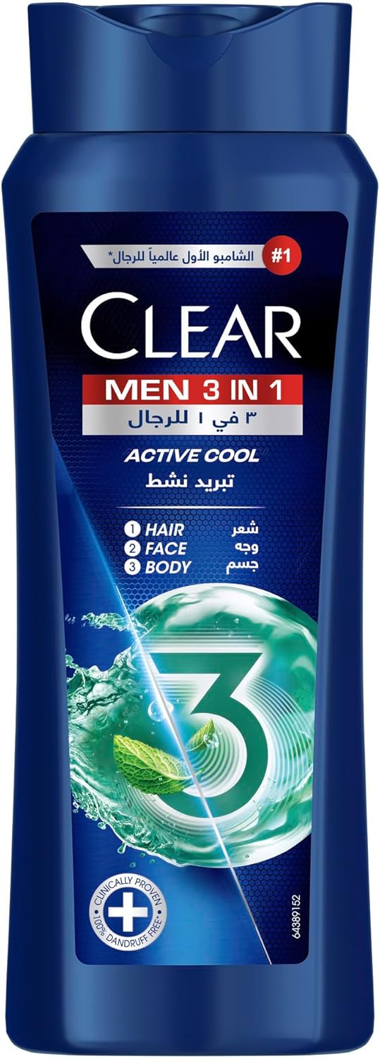 Clear for Men 3-in-1 Shampoo Active Cool Hair, Face and Body Wash 600ml