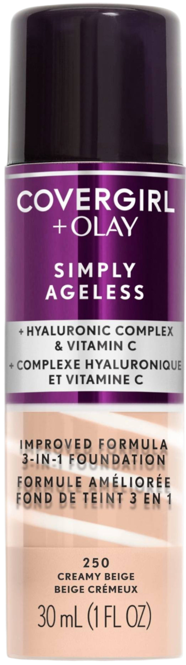 CoverGirl Simply Ageless 3-In-1 Foundation Cream, Hyaluronic Acid and Vitamin C, Creamy Beige