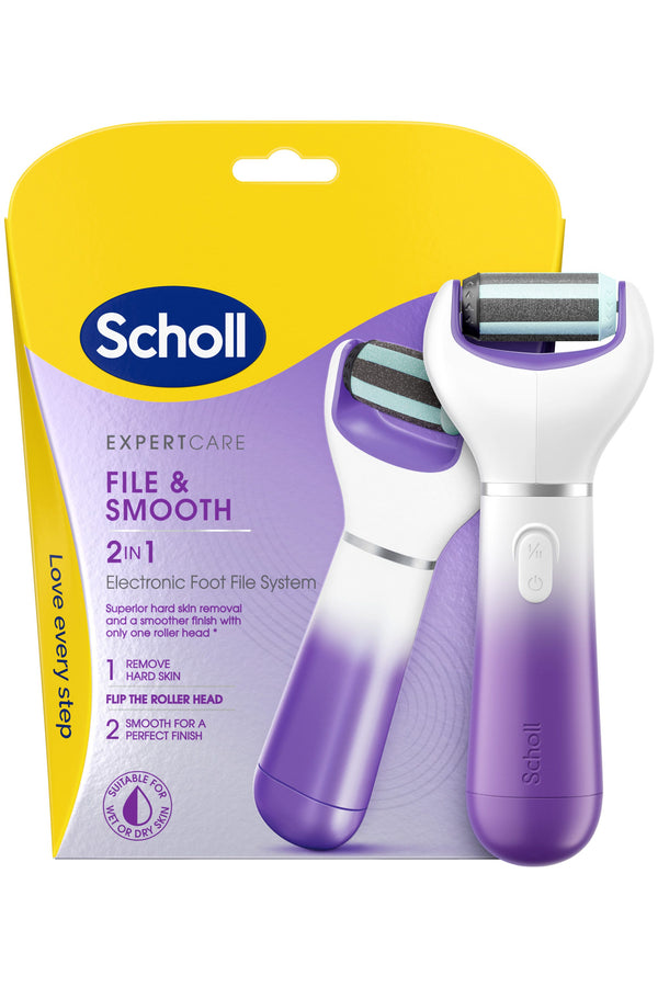 Scholl Expertcare File & Smooth 2-in-1 Electronic Foot File, Purple, 4 AA Batteries