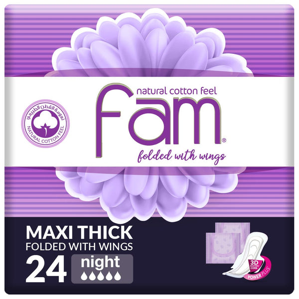 Fam Night Sanitary Pads with Wings, Natural Cotton Feel, Economic 24 Pack