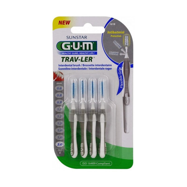 GUM Trav-Ler Interdental Brushes 2.0 mm 90 Bendable Head, Chlorhexidine Strands, 8 Count
