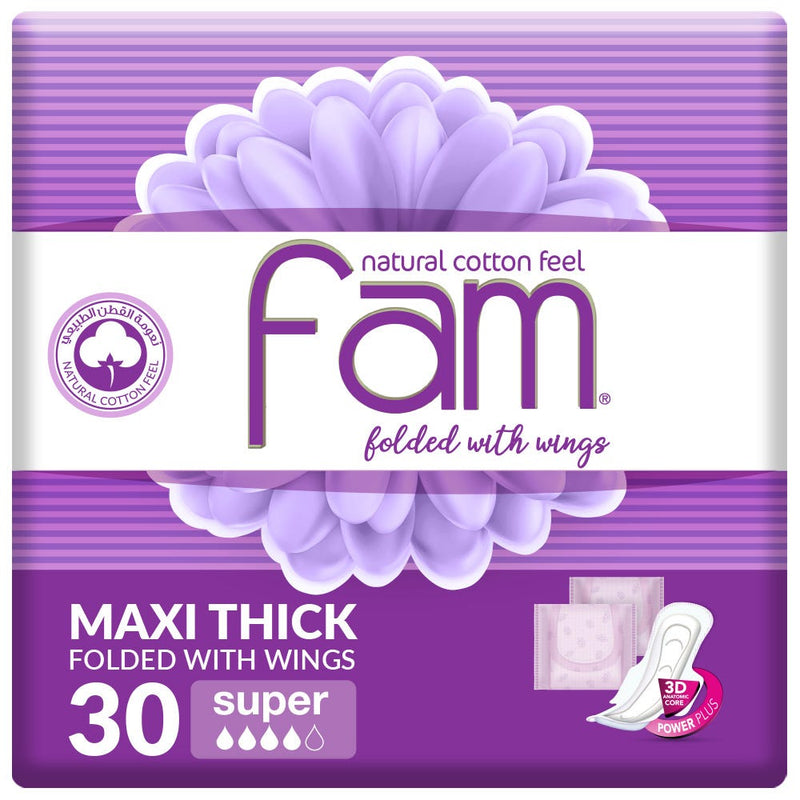 Fam Female Napkins Super Sanitary Pads with Wings 3D Core 30 Pieces