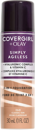 CoverGirl Simply Ageless 3-In-1 Foundation Cream Hydrating Hyaluronic Acid Vitamin C 260 Classic Tan