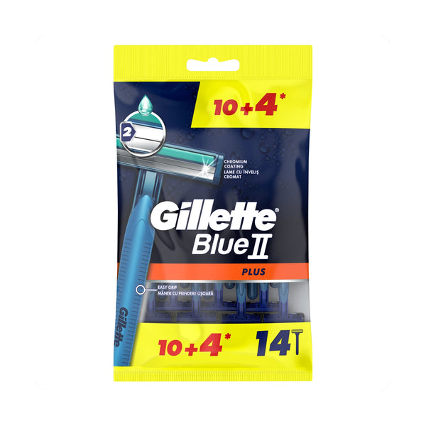 Gillette Blue II Plus Disposable Razors Chromium Coating Lubrastrip Soft Ultragrip Handle 10+4 Count