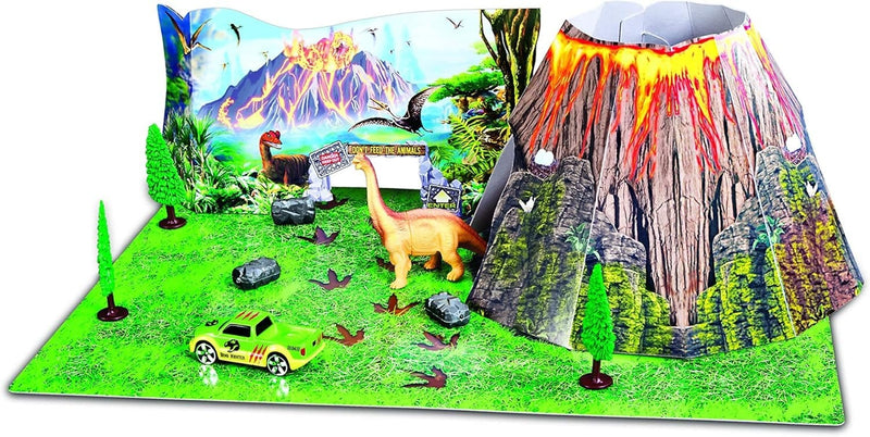 Maisto Built-N-Play Dinosaur Cardboard Playset with Volcano, Landscape and Toy Car
