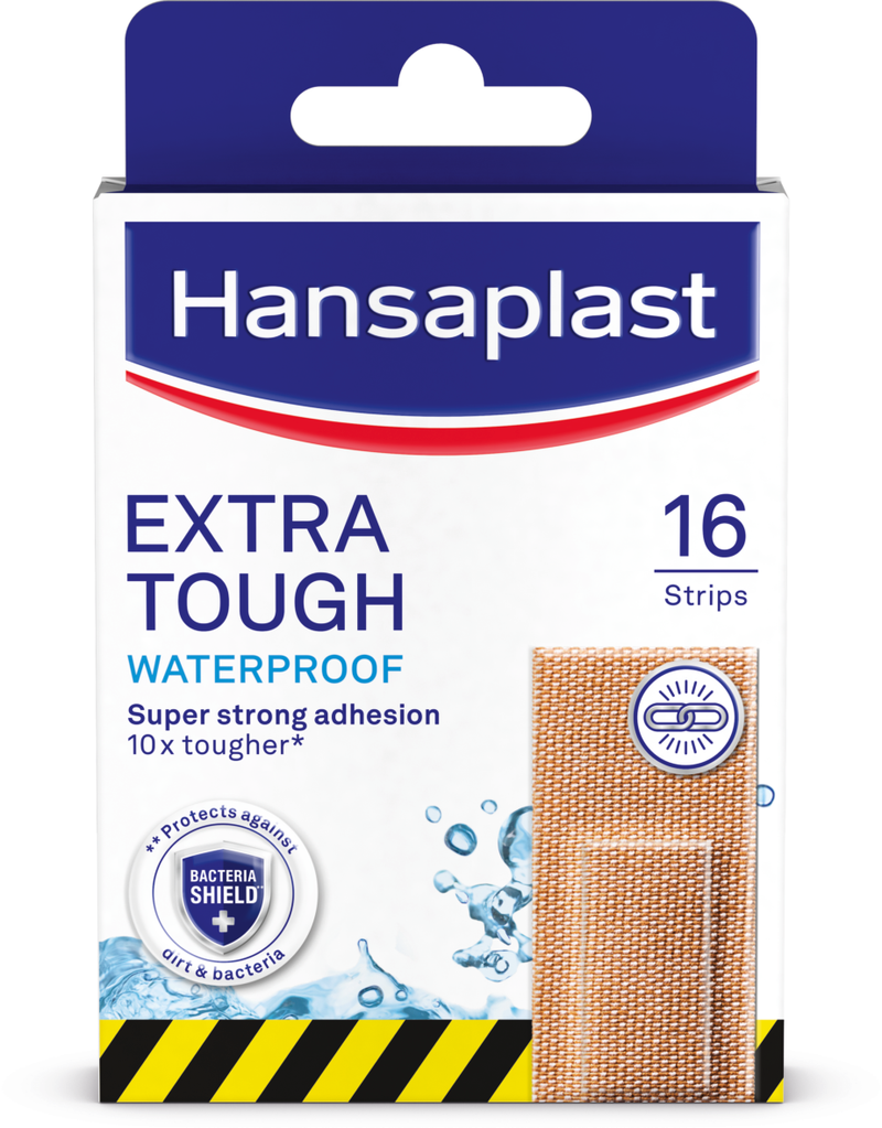 Hansaplast Extra Tough Waterproof Fabric Adhesive Bandages, Flexible Strong Adhesion, 16 Strips