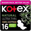 Kotex Natural Ultra Thin Large Sanitary Pads with Wings, Cotton-Soft, 16 Pieces