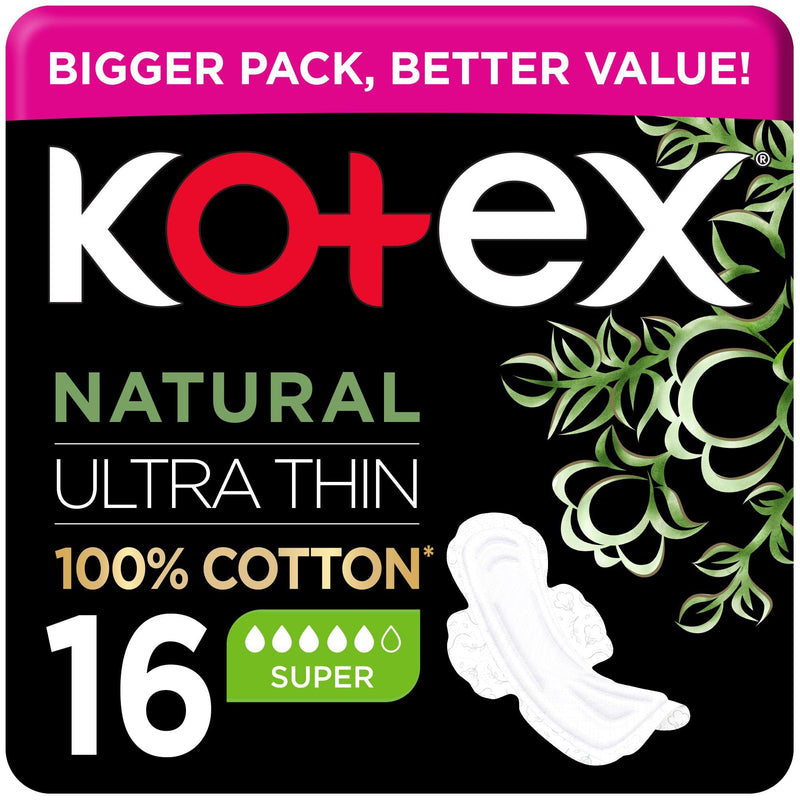 Kotex Natural Ultra Thin Large Sanitary Pads with Wings, Cotton-Soft, 16 Pieces