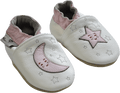 Rose et Chocolat ClassicZ Leather Slippers Soft Flexible Suede Sole Moon Stars White