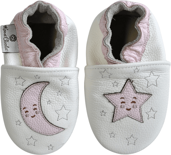Rose et Chocolat ClassicZ Leather Slippers Soft Flexible Suede Sole Moon Stars White