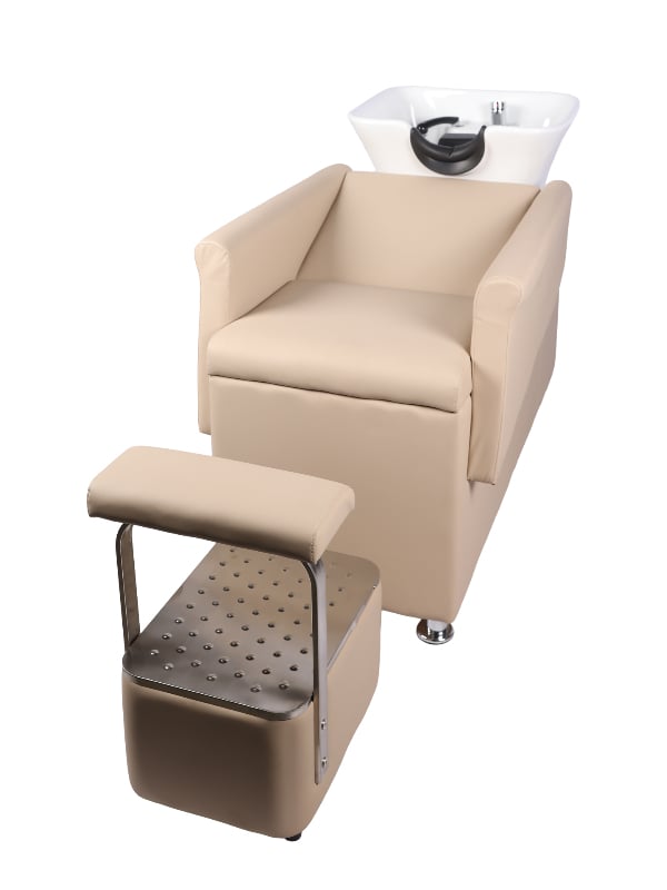 Salon System G6020C Shampoo Chair with White Ceramic Basin, Faucet, Shower and Footrest, Beige
