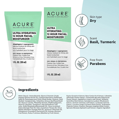 Acure Ultra Moisturizer Face Cream 12-Hour Hydration Adaptogenic Botanicals 30 ml