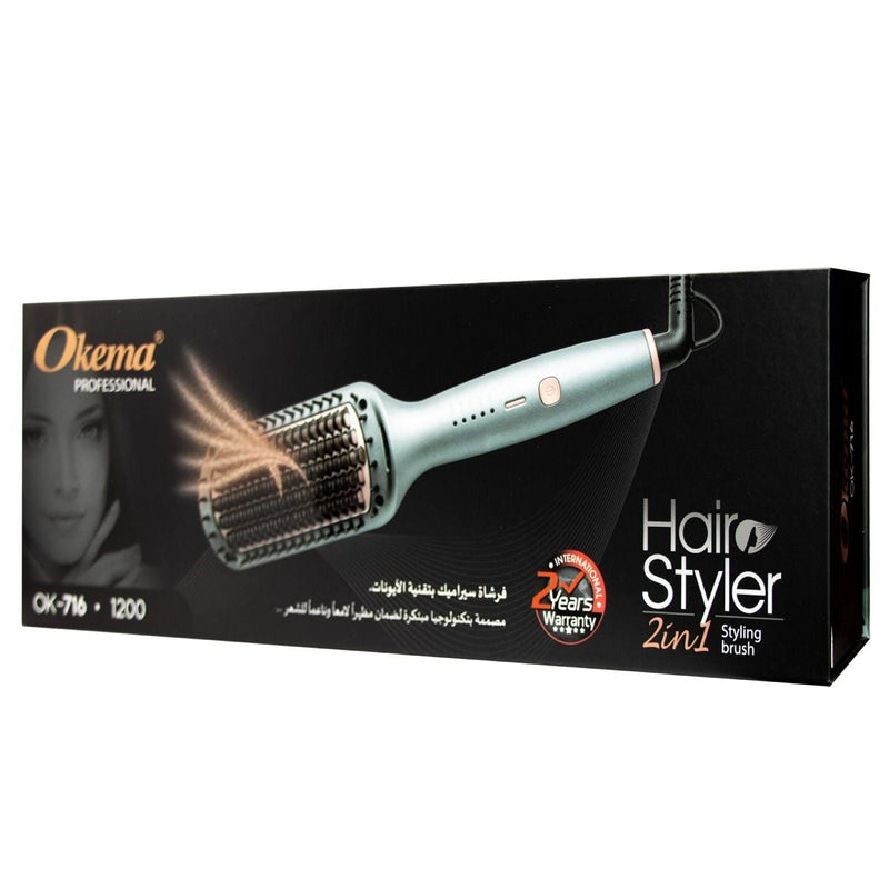 Okema OK-716 2-in-1 Ceramic Hair Brush Straightener with Ionic Technology, Adjustable Heat, 220-240V