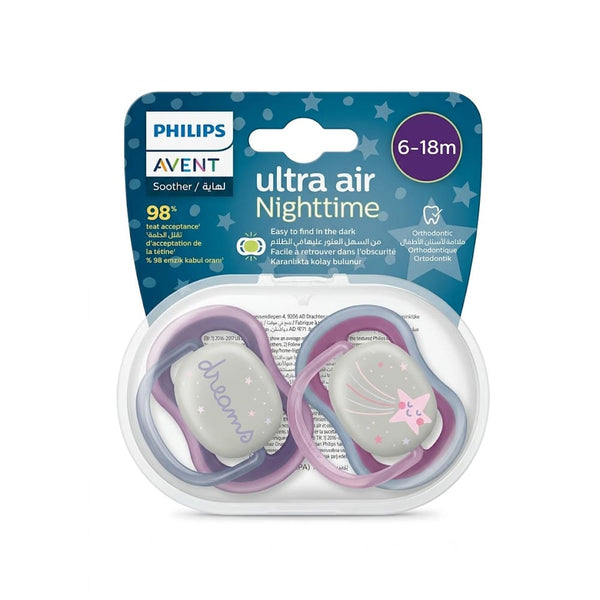 Philips Avent Ultra Air Night Time Pacifiers Orthodontic Teat Glow in the Dark 6-18 Months Pack of 2