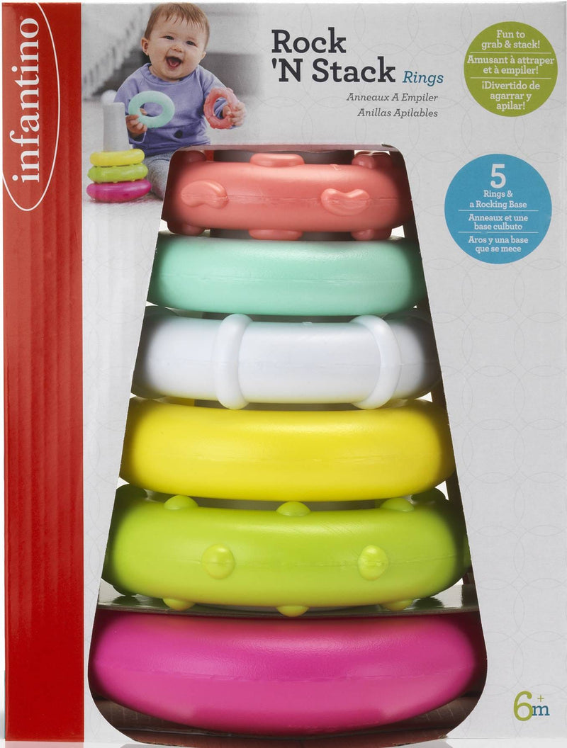 Infantino Rock'N Stack Rings Baby Toy, Textured Sensory Activity, Pink, 6 Months+