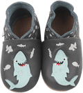 Rose et Chocolat ClassicZ Hungry Shark Grey Leather Baby Slippers, 0-6 Months