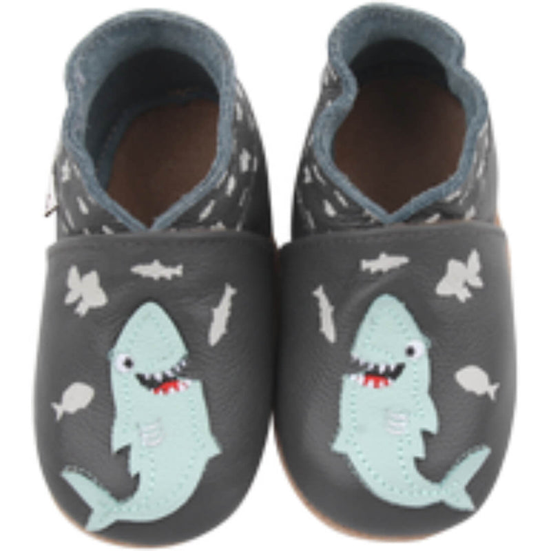 Rose et Chocolat ClassicZ Hungry Shark Grey Leather Baby Slippers, 0-6 Months