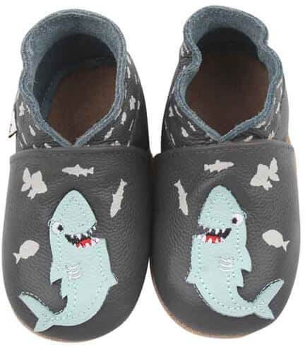 Rose et Chocolat ClassicZ Hungry Shark Grey Leather Soft-Sole Slippers Boys 2-3 Years