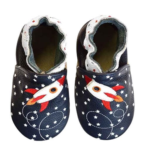 Rose et Chocolat ClassicZ Rocket Star Navy Baby Slippers, Leather Soft Sole