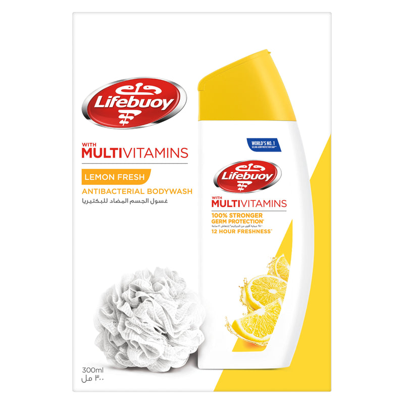 Lifebuoy Lemon Fresh Body Wash with Lemon Extract, 300ml + Puff