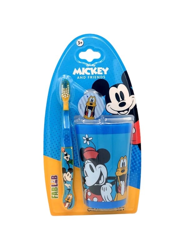 Fab Lab Children's Toothbrush with Cup, Soft Rounded Bristles, Mickey & Friends, Assorted Colors, Age 3+