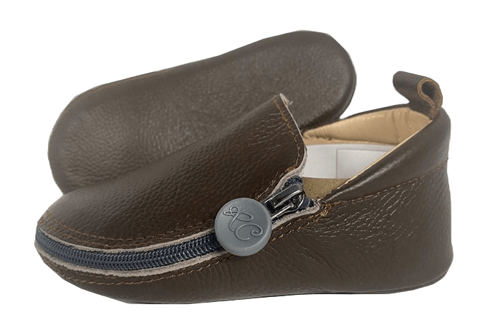 Rose et Chocolat Zipper Baby Shoes Leather Rubber Soles Brown Size 22-23
