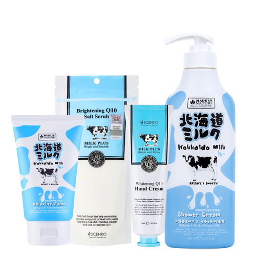 4-Piece Milk Protein and Q10 Body Care Set, Shower Cream, Foaming Wash, Scrub and Hand Cream