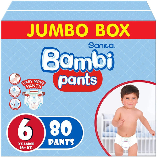 Bambi Pants Size 6 Jumbo Box Pull-Up Diapers, Leak Protection, 80 Count