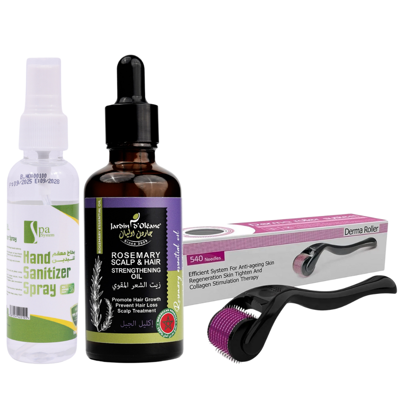Derma Roller Hair Care Kit with Rosemary Oil and Sterilizer, 0.50 mm, 540 Needles, 50 ml Each