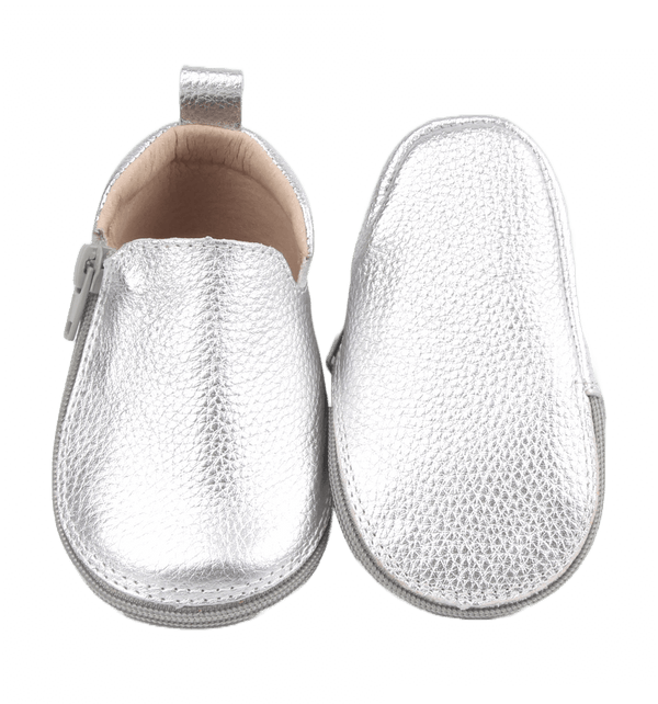 Rose et Chocolat RCZS 04 Zipper Shoes Leather Silver Rubber Soles, Size 20-21, 6-12 Months