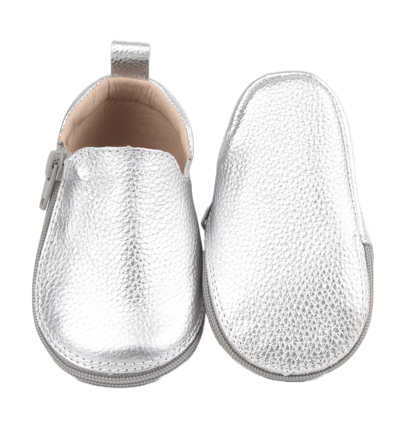Rose et Chocolat RCZS 04 Zipper Shoes Leather Silver Rubber Soles, Size 20-21, 6-12 Months