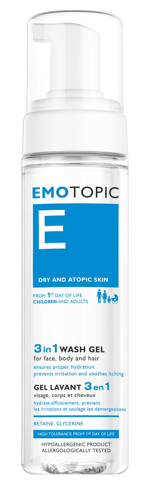 Emotopic 3-in-1 Wash Gel Face Body and Hair Liquid Cleanser, D-Panthenol, Betaine, Chamomile, 200ml