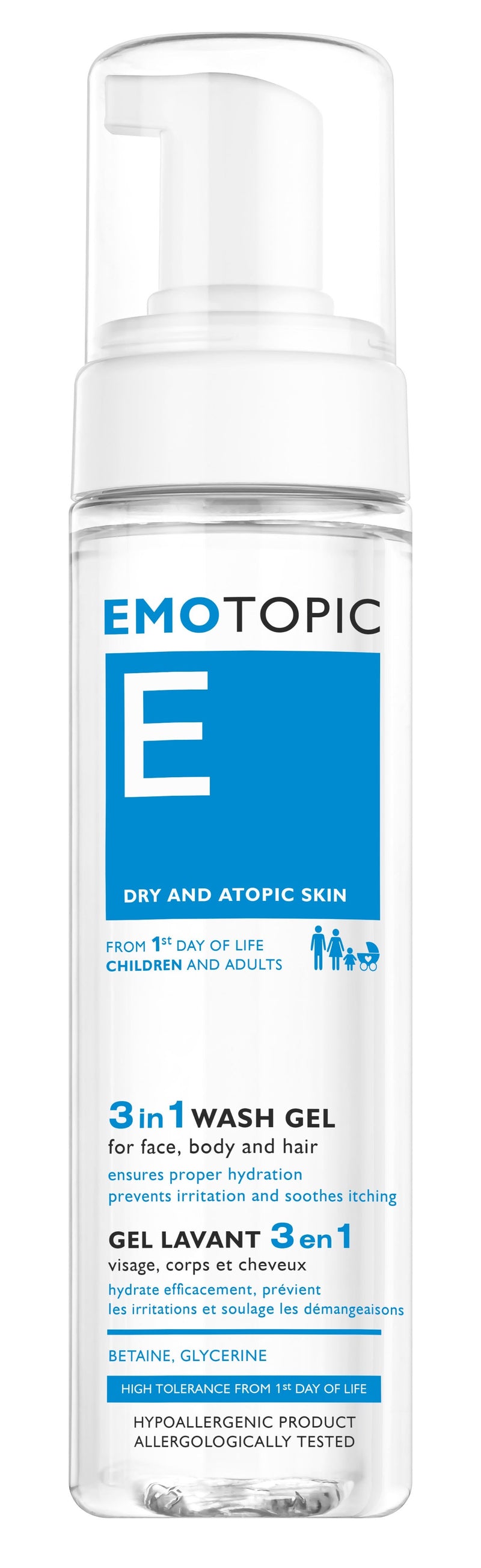 Emotopic 3-in-1 Wash Gel Face Body and Hair Liquid Cleanser, D-Panthenol, Betaine, Chamomile, 200ml