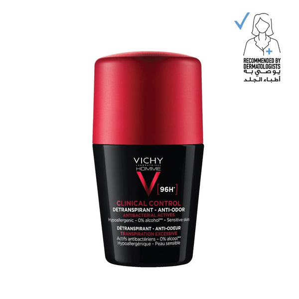 Vichy Clinical Control Deodorant Roll-On Zinc Sweat and Odor Protection for Men