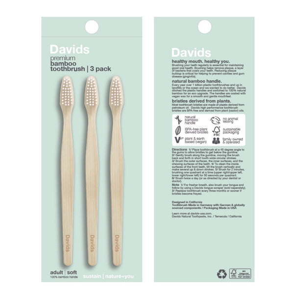 Davids Bamboo Toothbrush Soft Bristles Vegan 3 Pack