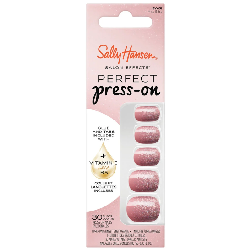 Sally Hansen Salon Effects Press-On Nails 431 Miss Bliss Short Squoval Mauve Glitter French 30 Nails