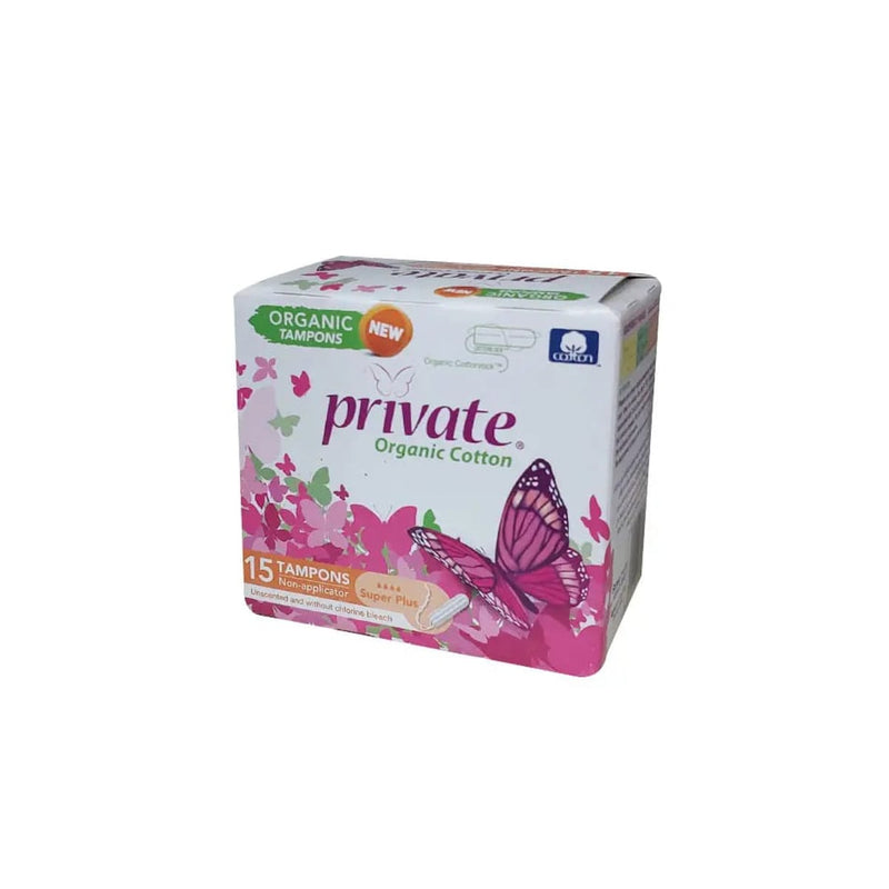 PRIVATE Organic Cotton Tampons, Super Plus Absorbency, Unscented, Non-Applicator, 15 Pack