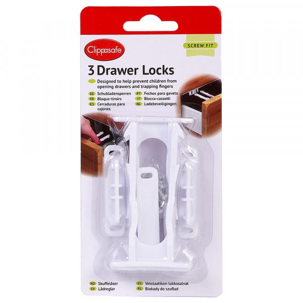 Clippasafe Drawer Locks Squeeze-Open Child Safety Locks, 3 Pieces, White