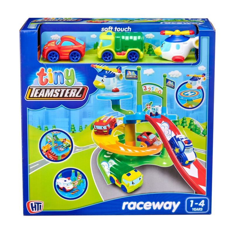 Teamsterz Tiny Raceway Playset with 3 Cars, Spiral Track, Speed Ramp, Parking Bays and Helipad