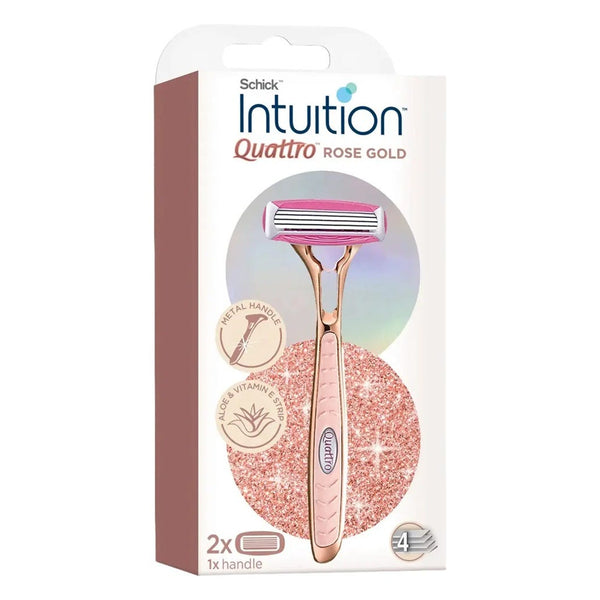 Schick Intuition Quattro Rose Gold Razor with Aloe Vera and Vitamin E, 1 Handle + 2 Refills