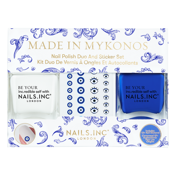 Nails.INC Mykonos Nail Polish Duo Set, Quick-Drying Longwear, White and Cobalt Blue with Evil Eye Stickers