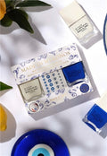 Nails.INC Mykonos Nail Polish Duo Set, Quick-Drying Longwear, White and Cobalt Blue with Evil Eye Stickers