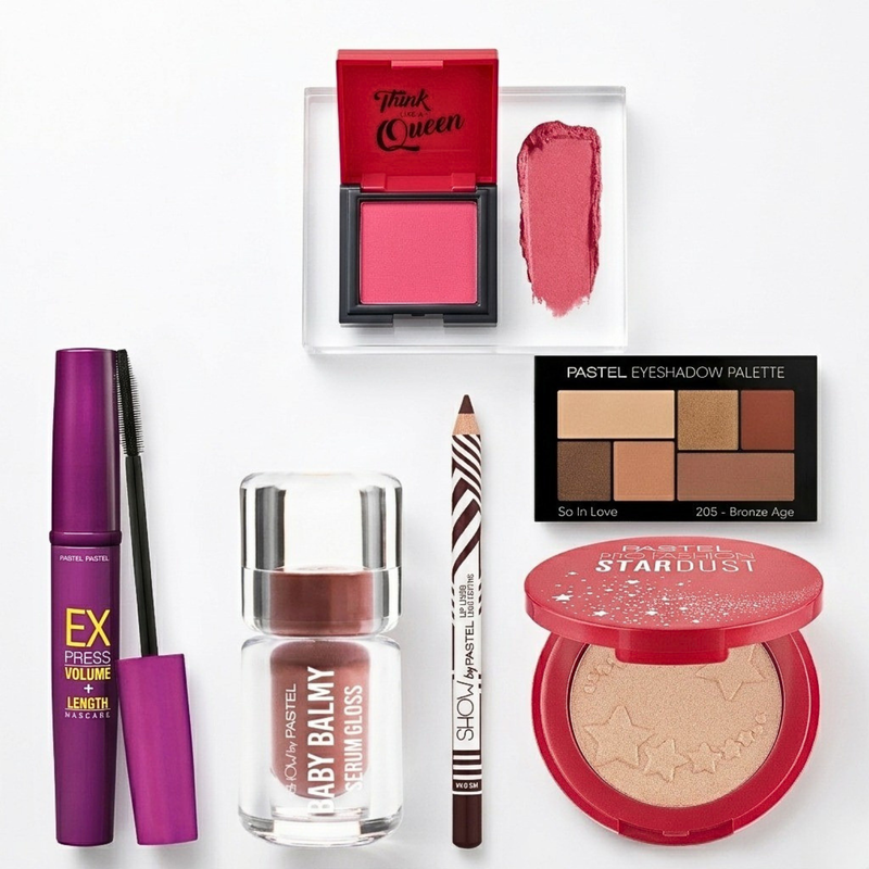 Pastel Graduation Makeup Set Warm Tones Cream Blush Mascara Highlighter Lip Products 6 Pieces