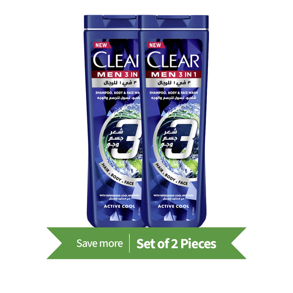 Clear Men 3in1 Active Cool Shampoo, Cooling Menthol and Vitamin B3, Twin Pack 400ml Each
